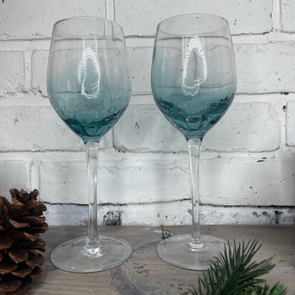 Pier 1 Crackle Glass Teal Blue Wine Goblets